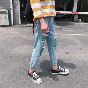 港风绿色破洞牛仔裤男女 chic韩版毛边休闲九分裤 N/图片