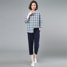时尚套装女夏装两件套棉麻格子衬衫洋气矮个子显高减龄亚麻休闲裤图片