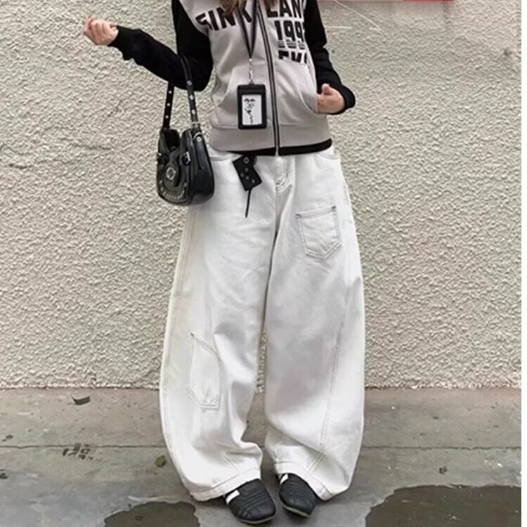 美式复古白色高腰弯刀牛仔裤女夏季高街设计感宽松显瘦垂感阔腿裤,男装牛仔裤,星座218-1（原230）