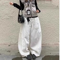 美式复古白色高腰弯刀牛仔裤女夏季高街设计感宽松显瘦垂感阔腿裤，男装牛仔裤，星座218-1（原230）