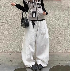 美式复古白色高腰弯刀牛仔裤女夏季高街设计感宽松显瘦垂感阔腿裤图片