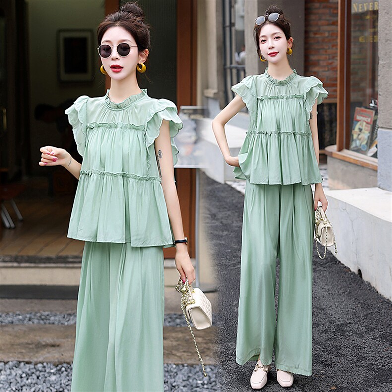 木耳边堆堆领衬衫阔腿裤两件套夏季独特绝美高级小众不撞款套装，女装套装/套裙，橙子家