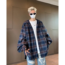 DDC21-P65早秋美式百搭格子衬衫宽松复古连帽衬衣外套宽松男女款，男装衬衫，星座603-2