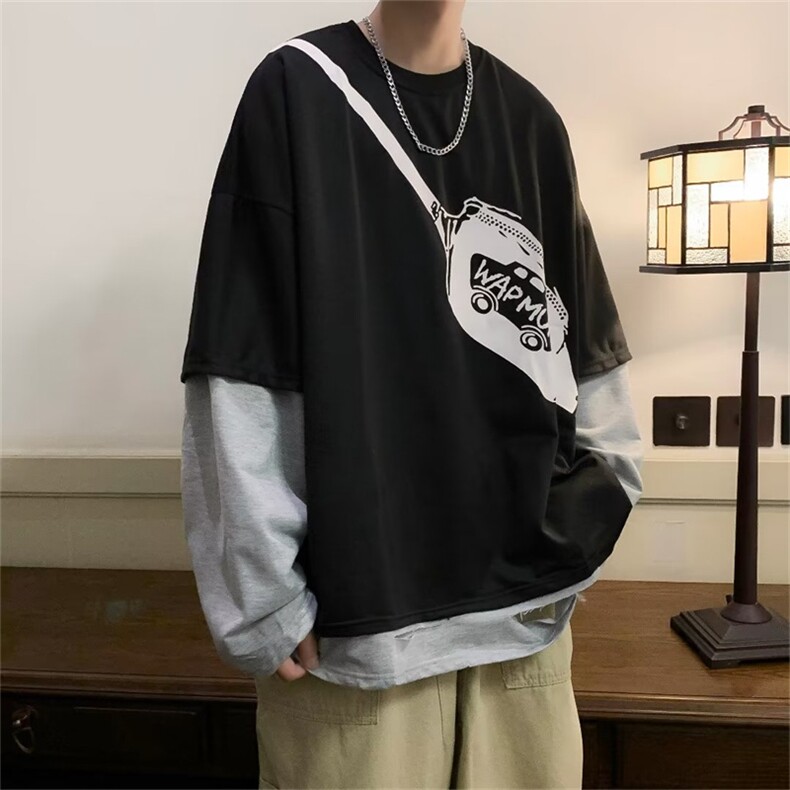 假两件薄款卫衣男潮牌设计感潮流bf情侣装拼接长袖T恤 W5128-P23图片