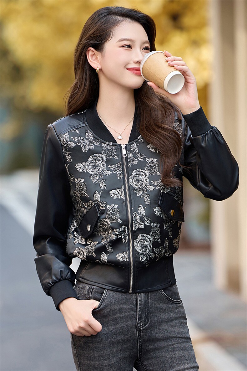 小个子短款皮衣外套女2025秋季新款时尚拼接刺绣飞行员pu皮夹克潮,女装皮衣,韩美纤衣