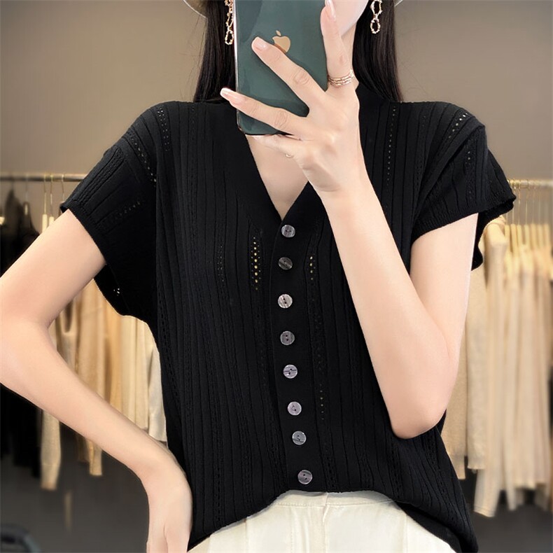 设计感镂空短袖t恤女夏季2025新款薄款冰丝针织衫高级感白色上衣图片