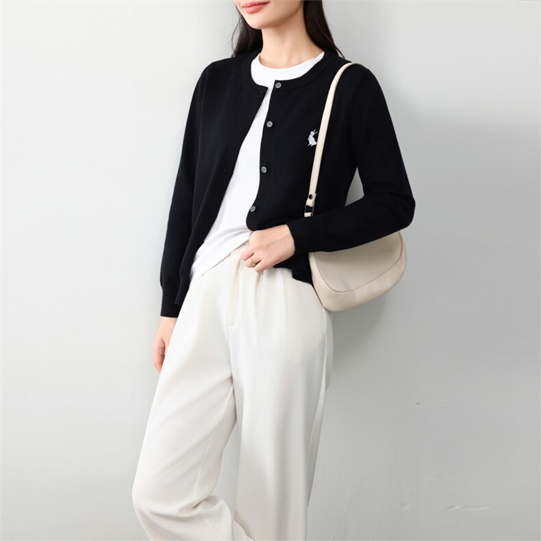 小黑兔刺绣开衫女新款宽松长袖外搭薄款毛衣外套，女装针织衫/毛衣，美莎羊绒