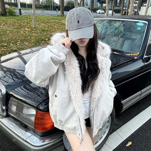 现货高品质美式高街冬季重磅硬挺短款座山雕毛领棉衣男女加厚外套图片