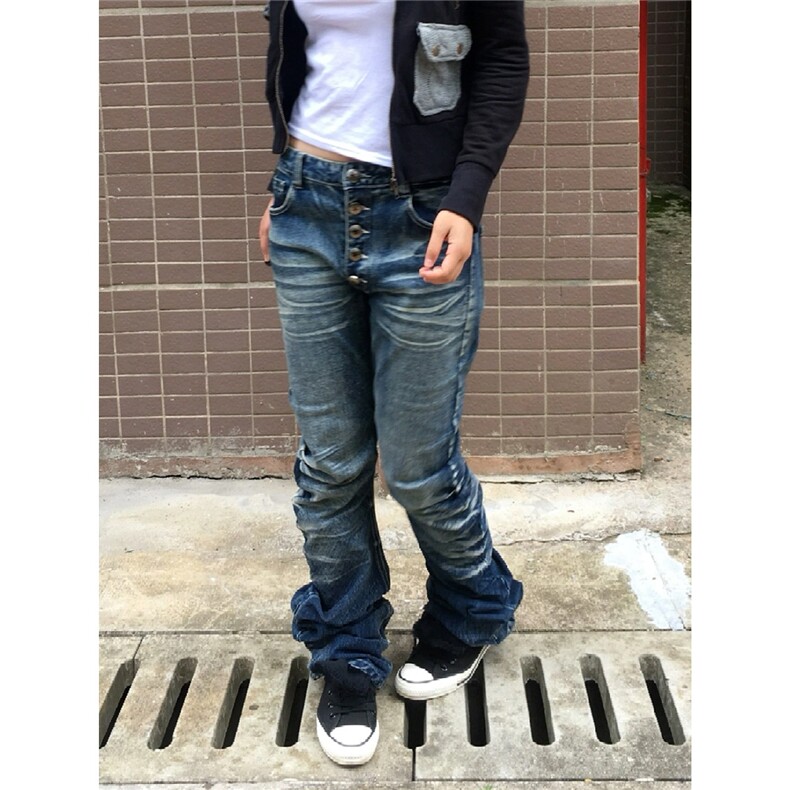美式复古高街排扣微喇牛仔裤男女褶皱小众波纹猫须弯刀修身拖地裤,男装牛仔裤,星座506A