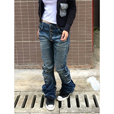美式复古高街排扣微喇牛仔裤男女褶皱小众波纹猫须弯刀修身拖地裤，男装牛仔裤，星座506A