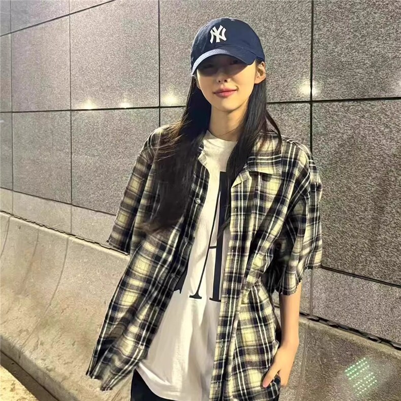 短袖衬衫男夏季新款情侣美式复古格子衬衣女潮,男装T恤,星座506A
