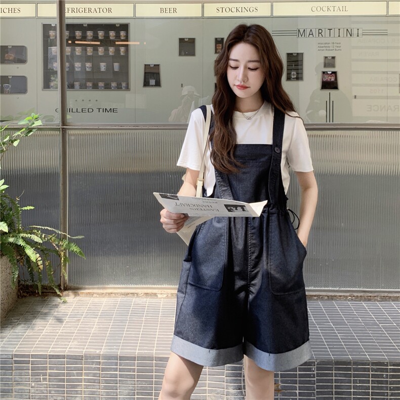 甜酷减龄简约T恤牛仔背带裤套装女2025夏季日系复古设计感两件套,女装套装/套裙,2C225