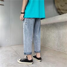 2021夏季主推9228纯色男士破洞牛仔裤韩版裤脚9分长裤子，男装牛仔裤，星座1008