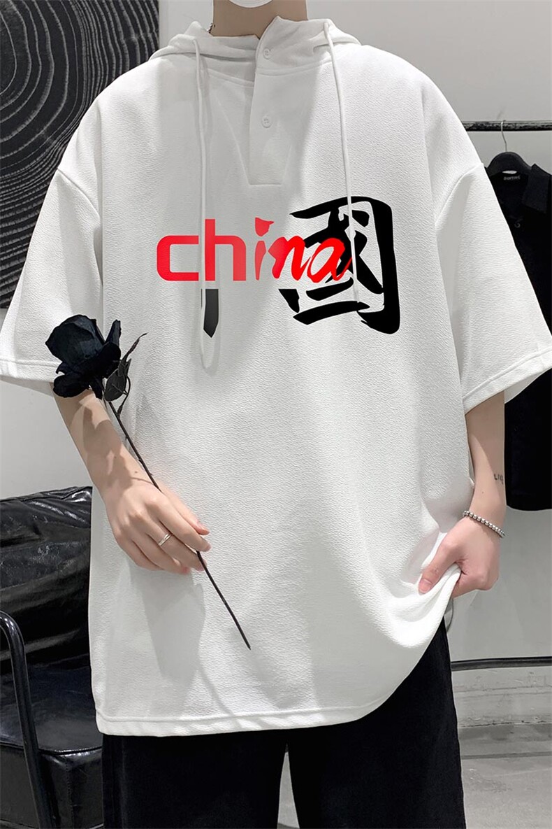 LD54189-P45连帽短袖t恤男大码胖子带帽五分袖中袖大皂风,男装T恤,电商A040
