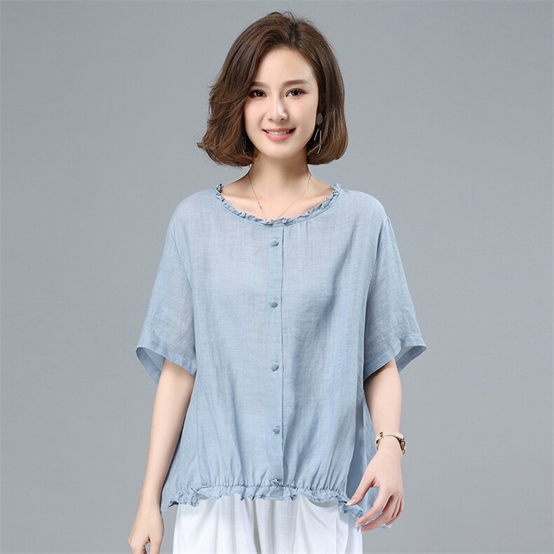 2021夏季时尚简约大方气质优雅圆领舒适五分袖衬衫T恤，女装衬衫，叶笙衣