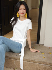 夏季气质不规则设计感绑带收腰显瘦T恤短袖，女装T恤，湘姗