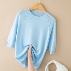 一线成衣无缝桑蚕丝羊绒圆领针织短袖T恤打底衫女宽松显瘦薄毛衣，女装T恤，众美斯特