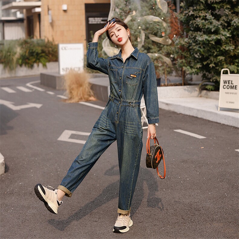时尚显瘦牛仔连体裤女春季新款高腰宽松长袖工装裤百搭休闲裤,女装连体裤,秋水欣儿