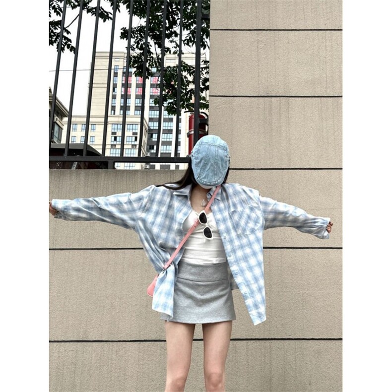 TC543-P45格纹衬衫女美式学院宽松百搭格子上衣防晒衬衣外套薄,女装衬衫,星座617A-2