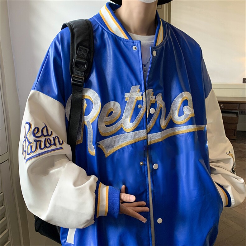 特批60春秋款pu皮拼色男士棒球领刺绣外套机动皮夹克潮PJ222,男装夹克,电商B370