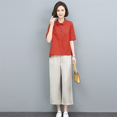 妈妈夏装2024新款太洋气时尚短袖棉麻套装中年女夫人一整套装，女装套装/套裙，璐依舞