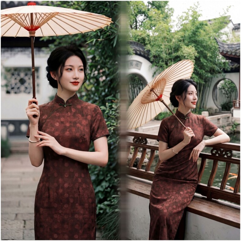 夏季新品时尚气质金丝提花香云纱品质真丝喜庆中长款旗袍裙,女装汉服/婚纱/旗袍/礼服,媚琳依坊