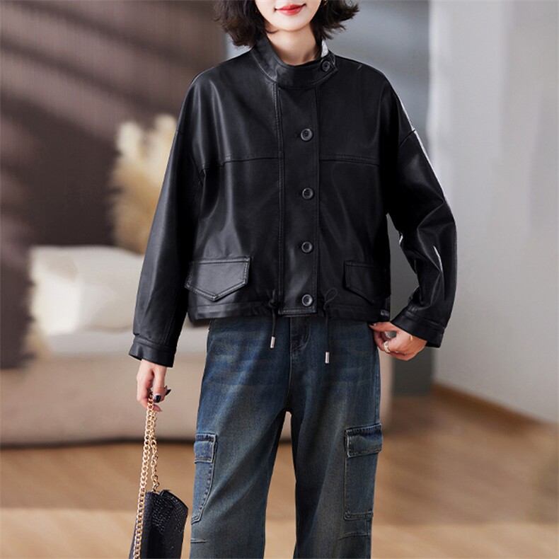 现货时尚设计感抽绳短外套女2024秋装新款今年流行小个子皮衣夹克，女装皮衣，美拉德工厂直营店