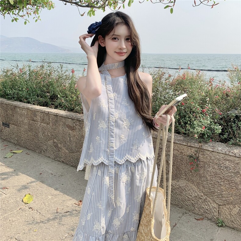 法式盐系条纹绣花时尚套装女2025夏季新款超好看背心半身裙两件套,女装套装/套裙,2C159