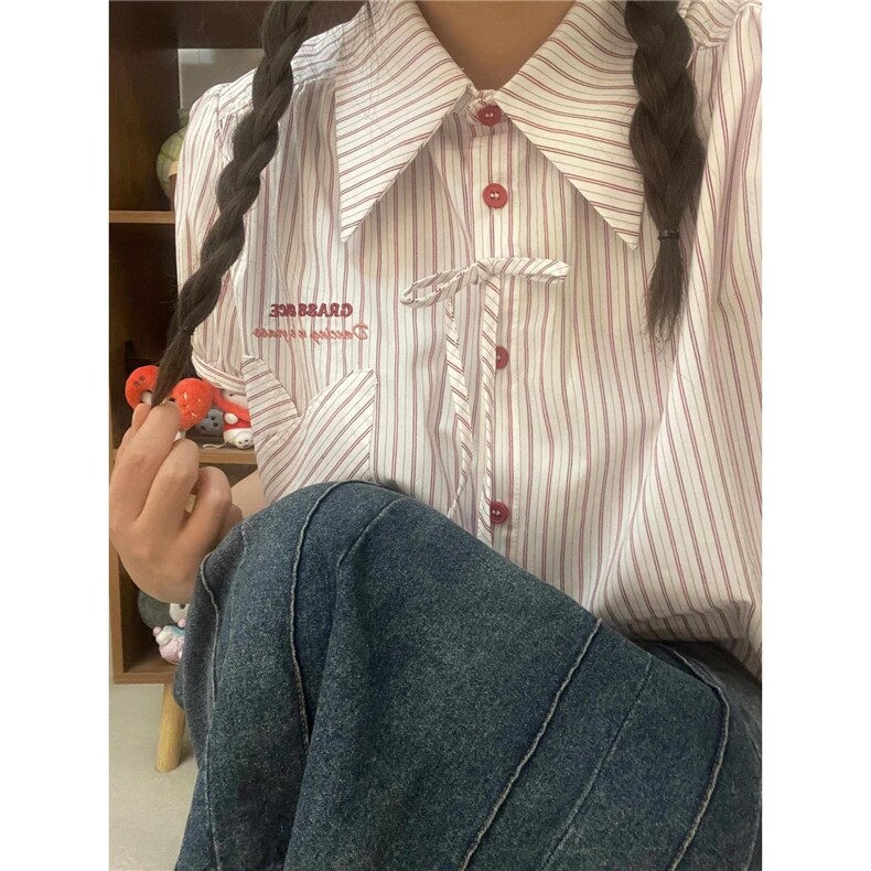 日系文艺少女感条纹短袖衬衫女夏季miu系穿搭衬衣小个子短款上衣,男装T恤,星座506A