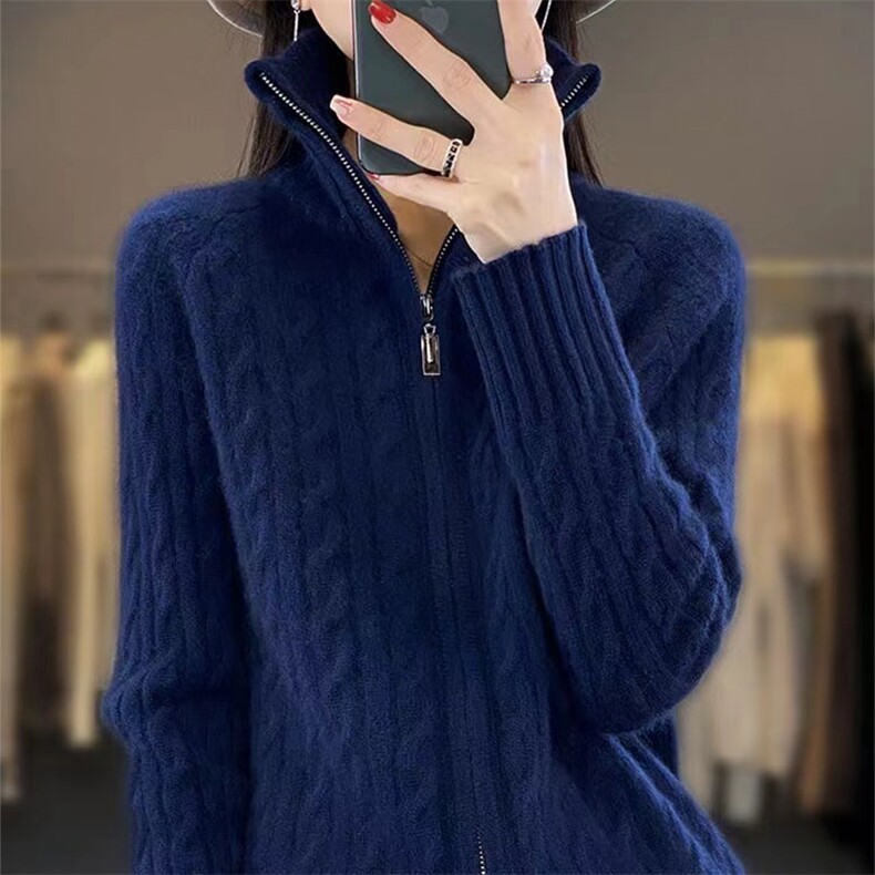 秋冬新款羊毛开衫女高领拉链麻花毛衣外套厚针织衫外搭,针织衫/毛衣,萱芳婷羊绒