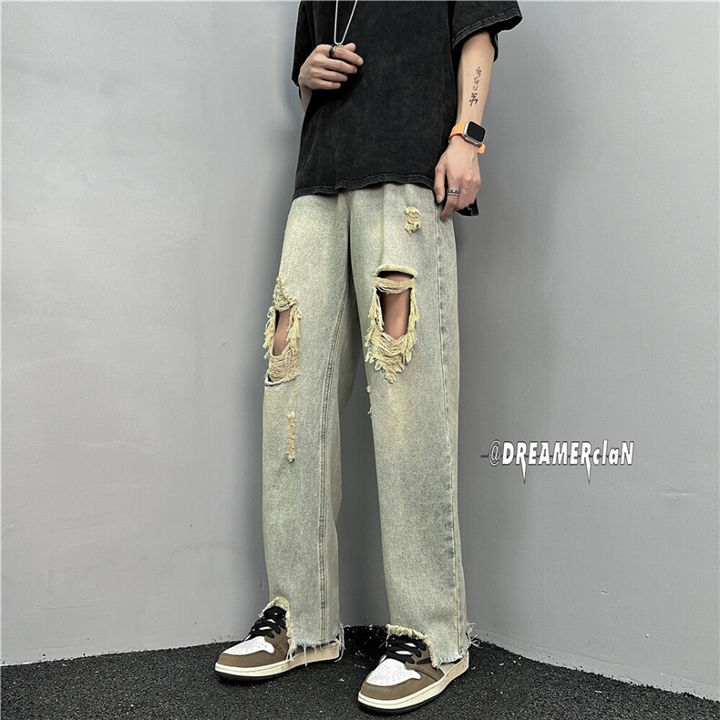k1019-p50-控78 M-5XL 抖音美式高阶黄泥破洞拉链宽松大码牛仔裤图片