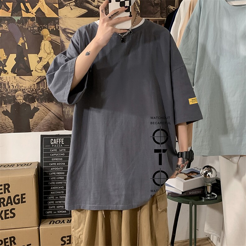 YT26114-P30亚麻短袖t恤男大码五分袖男宽松七分袖海报风,男装T恤,电商A040