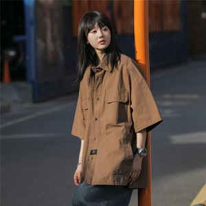 2025夏季工装衬衫男女短袖韩版潮流贴标个性ins宽松外套CY349-P38图片