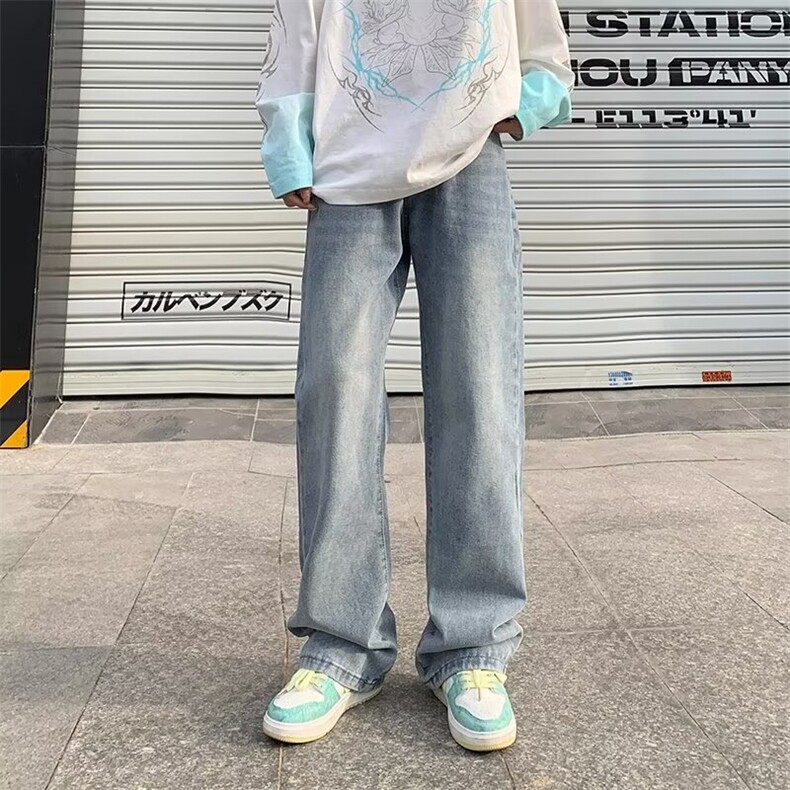 春秋浅色微喇牛仔裤男宽松直筒2024新款垂感裤子男百搭阔腿拖地裤图片