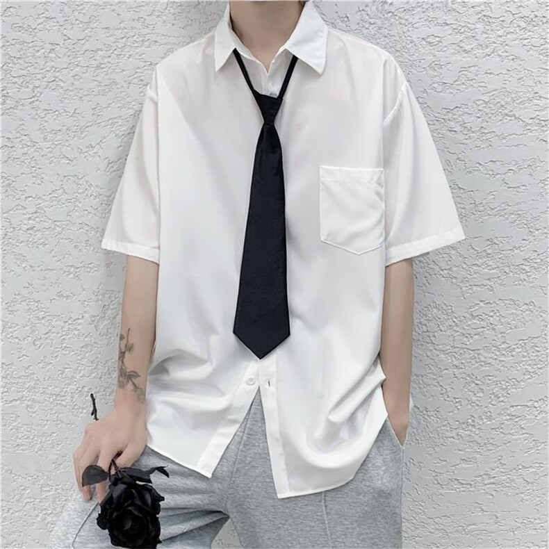配领带夏季薄款短袖衬衫男港风宽松班服DK学院风衬衣C318-P30,男装T恤,电商D202