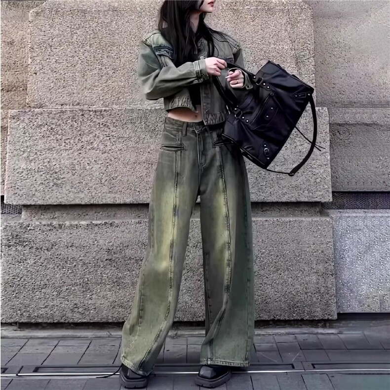 美式复古阔腿牛仔裤女2025秋冬新款高腰宽松显瘦直筒弯刀拖地裤子,男装牛仔裤,星座506A
