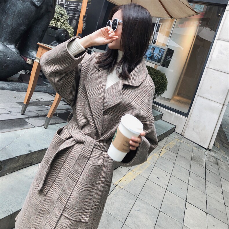 大口袋2021秋冬季新款中长款时尚简约格子毛呢外套气质呢子大衣女,女装毛呢外套,红依娜
