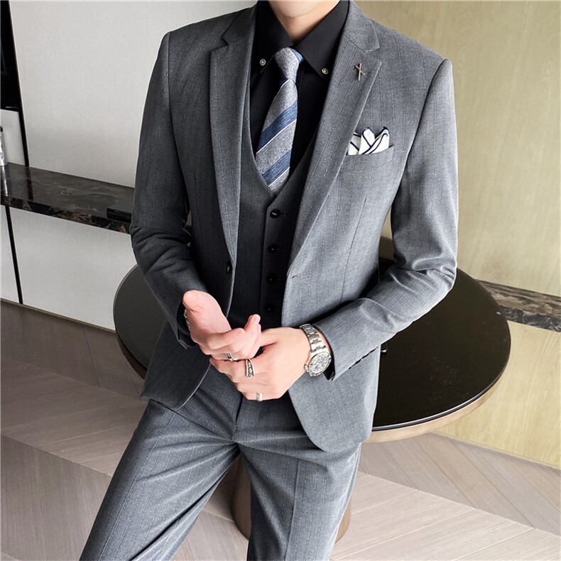 西服套装男条纹商务正装韩版潮流修身帅气新郎结婚礼服西装三件套,男装西服套装,星座505-2（原电商A260-1)