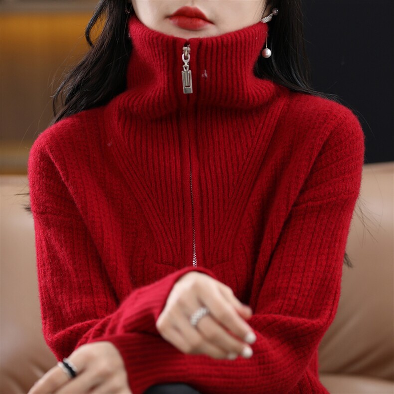 女士拉链半开领羊毛衫羊毛舒适柔软图片