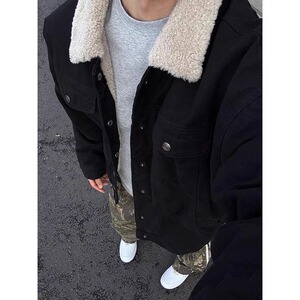 羊羔绒翻领加绒加厚牛仔外套男女款冬季保暖工装棉衣夹克 J59图片