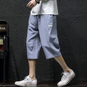 2021夏季新日系大码男黑墙亚麻中裤透气休闲裤棉麻七分裤K583-P30