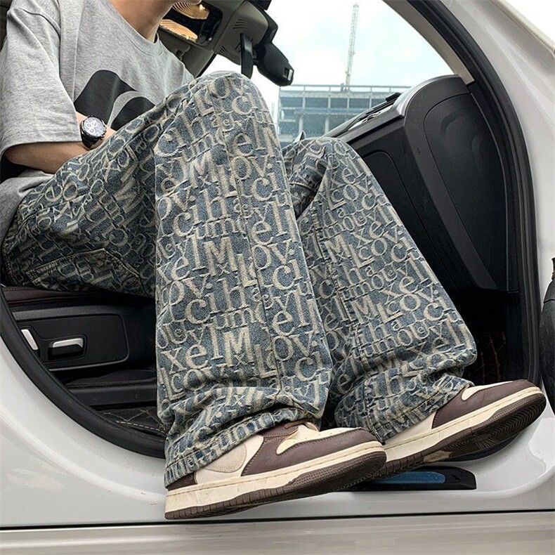 1506-1/KQ0021提花/P43花牛仔裤男设计感裤子美式高街直筒微喇裤图片
