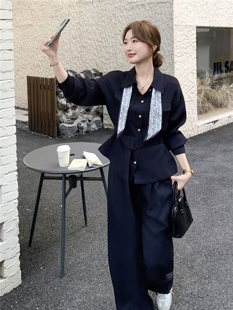 主推现货-2025年秋季新款气质时尚高级感两件套套装配丝巾,女装套装/套裙,霓裳依族