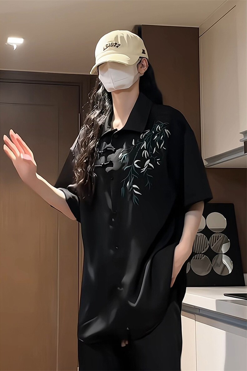 量大优供视频新风竹叶刺绣花冰丝短袖衬衫男CP54-特p33,男装衬衫,电商B371