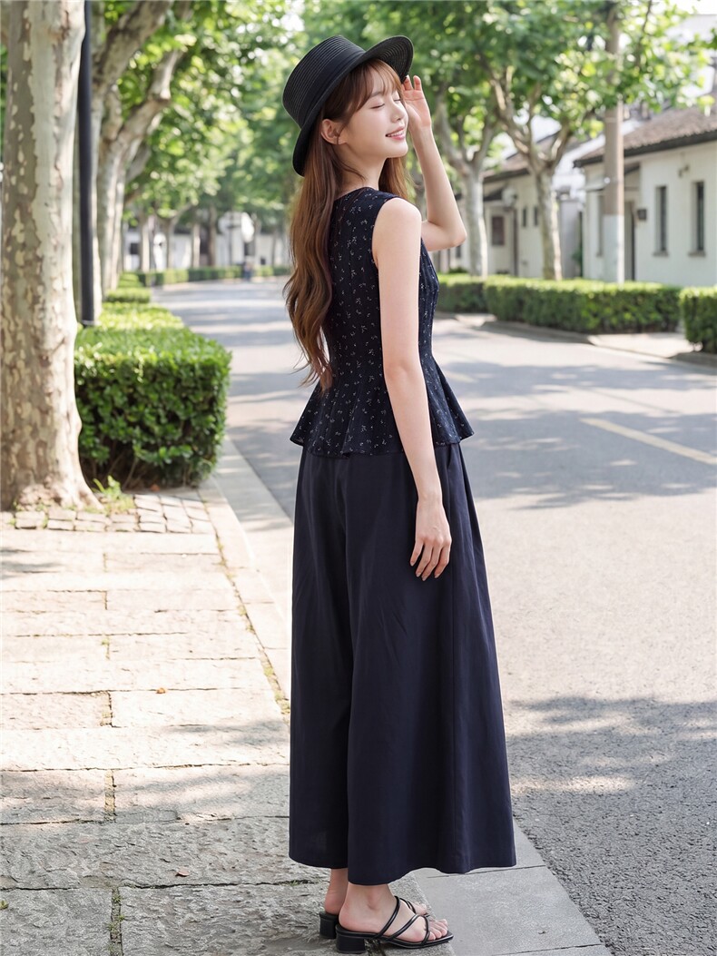 时尚无裙圆领小清新碎花小衫阔腿裤两件套气质优雅套装女,女装套装/套裙,水衣源