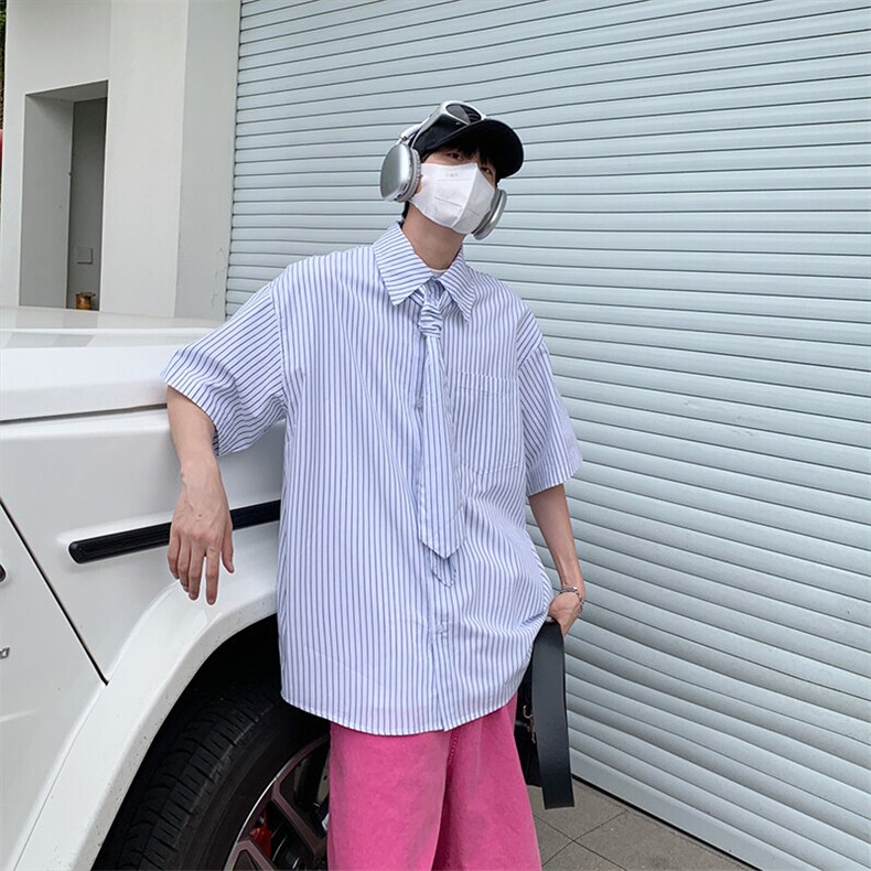 特P48无差价新款夏季时尚百搭条纹领带衬衫-HC2283港风,男装衬衫,电商A003