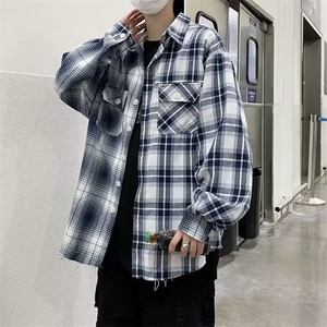 春秋美式街头拼接长袖格子衬衫男设计感小众S39-P40图片