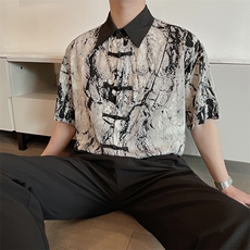 新中式风盘扣扎染短袖衬衫男夏季复古冰丝网红衬衣风CS859P58，男装衬衫，电商B267