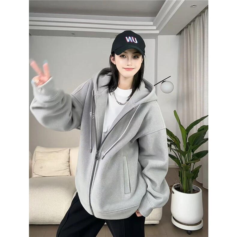 网图秋冬季连帽云朵绒纯色双面加绒加厚外套男女H1157特P53，女装短外套，电商A341