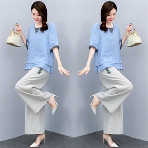 时尚绣花苎麻阔腿裤套装女2024年夏季休闲宽松高端妈妈棉麻两件套图片